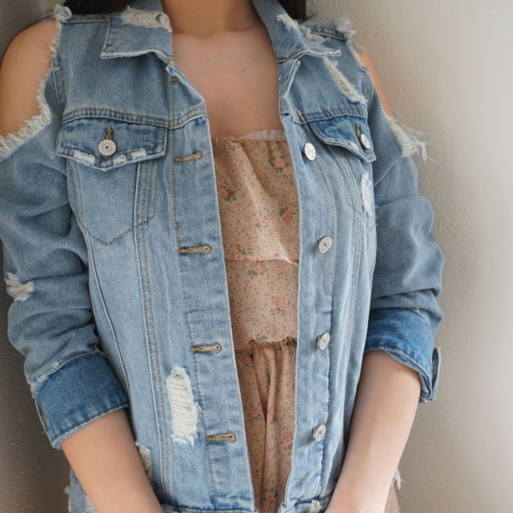 Open shoulder distressed denim jacket-worn once